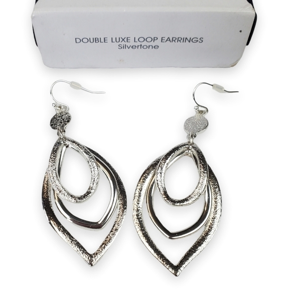 Avon Drop Earrings Brushed Silver Tone Double Luxe Loop Dangle Statement 2 5/8" - Picture 1 of 5